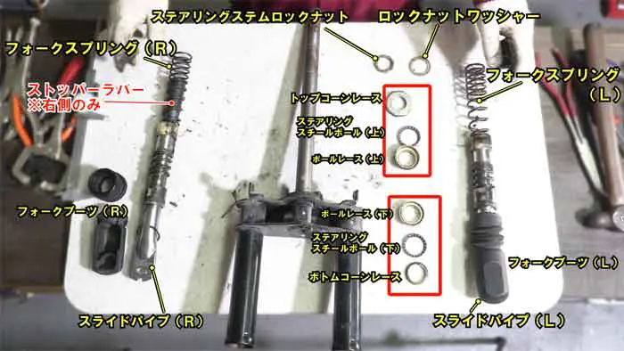 小型バイク全般】【トゥデイAF61/67】症状別トラブル修理：ハンドルのガタガタを直す｜フロントフォークオーバーホール：①バラシ編